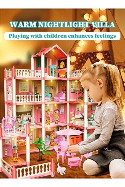 Joudiplay مجموعة بيت الدمى الضخم ذات 4 طوابق مع 11 غرفة، 4 دمى، مطبخ، غرفة نو...