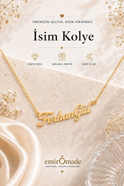 emirOmade 925 Ayar Gümüş Kişiye Özel Çift İsimli Kolye Gold Rengi 14 Ayar Alt...