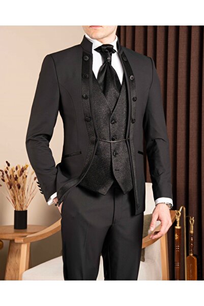 TerziAdemAltun Slim fit erkek hakim yaka ceket yelek pantolon damatlık set si...