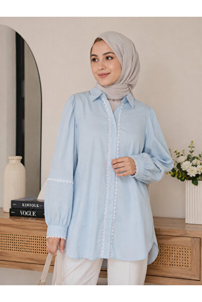 Libas lab -Lace Trim Modest Tunic Shirt Sky Blue