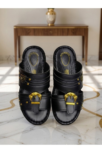 Chyfly Men Arabic Traditional Sandals Naal Gold Buckle PU Leather Ultra Massa...