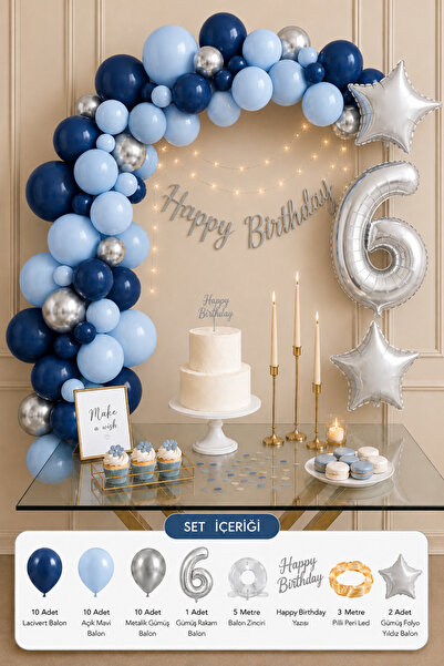 Baloncu Nene 6 Yaş Doğum Günü Süsleme Seti Lacivert Mavi Gümüş Balonlu Happy ...