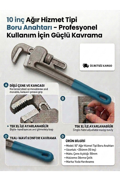 Genel Markalar Ağır Hizmet Tipi Ayarlı Boru Anahtarı (10" / 250 mm)