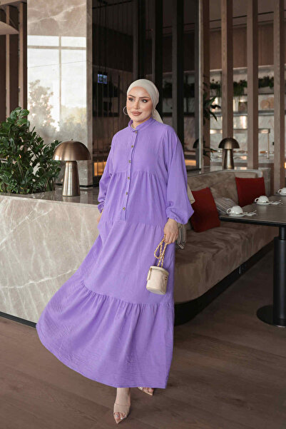 İmajButik Lila Yarım Düğmeli Kol Lastikli Eteği Katlı Elbise