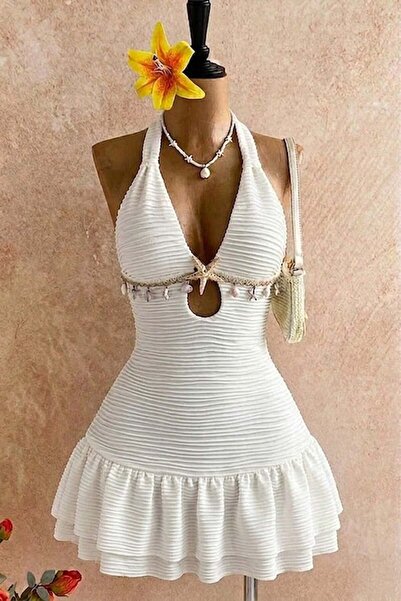 ARS Butik Summer Starfish Neck Detailed White Short Dress