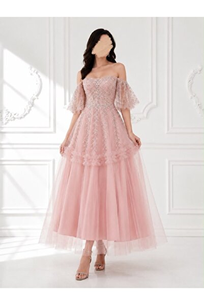 ranin Light Pink Evening Dress Midi Off Shoulder Sheer Sleeves Soft Lace Gown