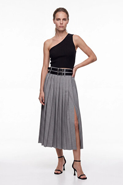 cemo Women's Belt Detailed Pleated Midi Skirt