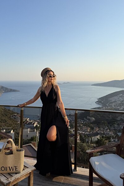 bytugcekaya Μαύρο φόρεμα μουσελίνας στάνταρ μεγέθους με διπλό σκίσιμο