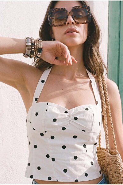 BARRELS AND OIL Women's Halter Neck Polka Dot Blouse - White