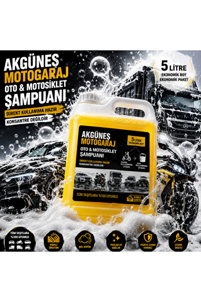 AKGÜNEŞ MOTOGARAJ 5 Litre Oto ve Motosiklet Şampuanı | Direkt Kullanıma Hazır...