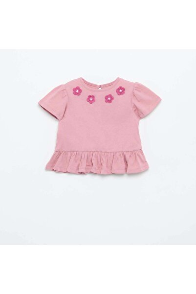 KIABI Short-sleeved T-shirt with embroidery and ruffled hem PINK