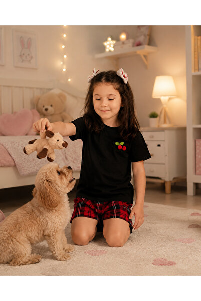 Nappyboo Kız Çocuk Şortlu Pamuklu Pijama Takımı Ekose Kiraz Detaylı