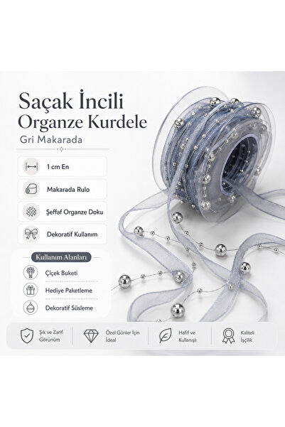 Mutkin 4,5 Mt Gri Organze İnci Kurdela | 3 mm Saten Kurdelalı Misinalı İnci Ş...