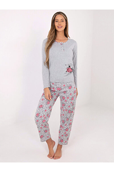 Forever Pink Pijama Dama, Forever Pink, Bumbac, Maneca lunga, Gri, model DU-P...