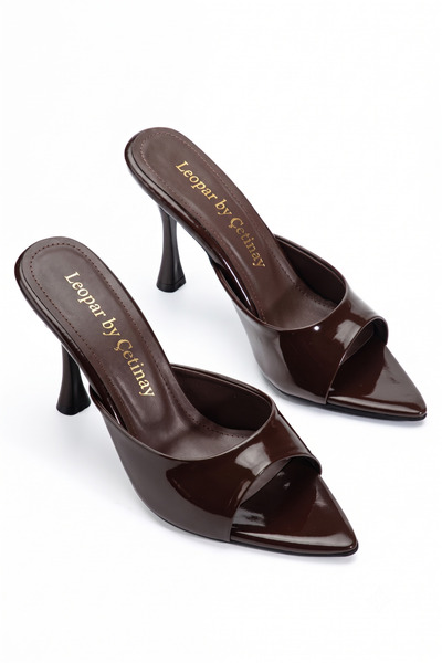 leopar by çetinay Marry Women's Patent Leather Black Pointed Toe Heeled Sandals
