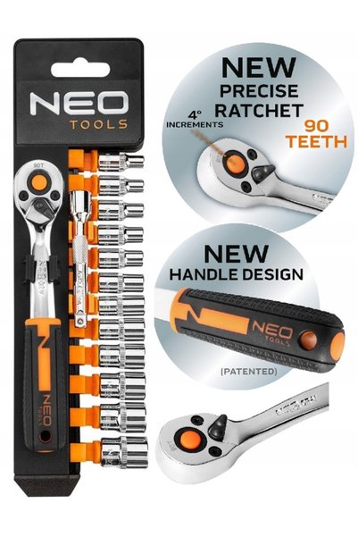 NEO Tools Set de chei tubulare cu clichet 1/4 inch, 14 piese.