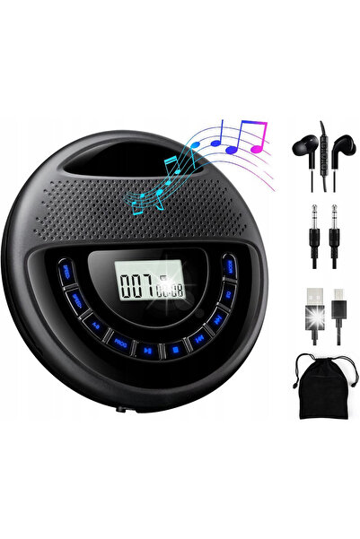 Gueray Player auto CD negru, portabil, cu difuzoare, AUX, USB, cu acumulator.