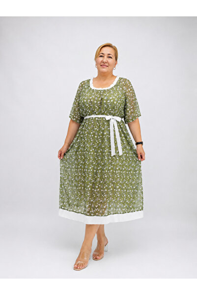 AY-SEL Plus Size Collar Detailed Tulle Patterned Belted Flared Women's Midi D...