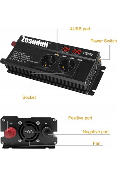 Zosudull INVERTOR AUTO CU ECRAN LCD 12V 230V 1500W 3000W + 4x USB