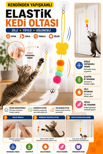Hane Dostu Elastik Kendinden Yapışkanlı Kedi Oltası Yaylı Kedi Oyuncağı Tüylü...