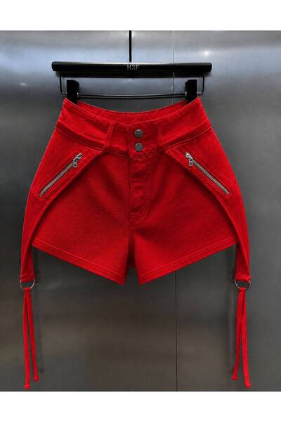NİCE STYLE Women's Cord Detail Washable Pocket Zippered Jeans Shorts