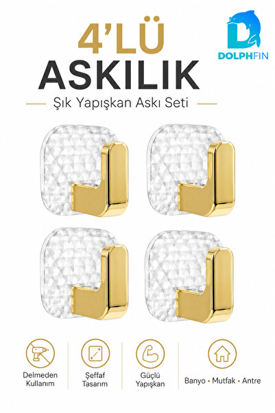 DolphFin 4’lü Yapışkanlı Duvar Askısı Şeffaf Altın Renk Delmeden Montaj