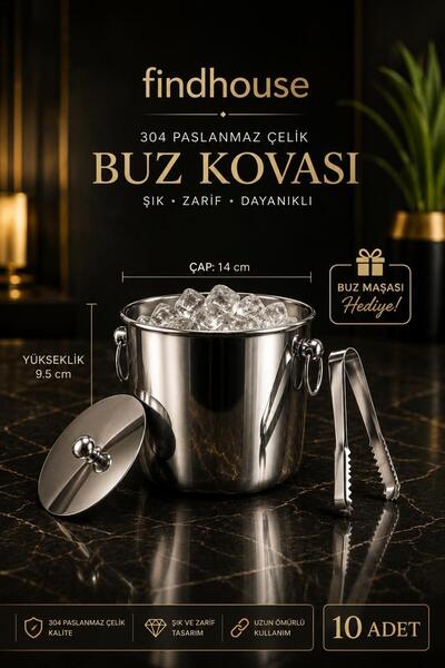 findhouse Premium Elite 10 ADET Termoslu Buz Kovası 304 Paslanmaz Çelik ve Bu...