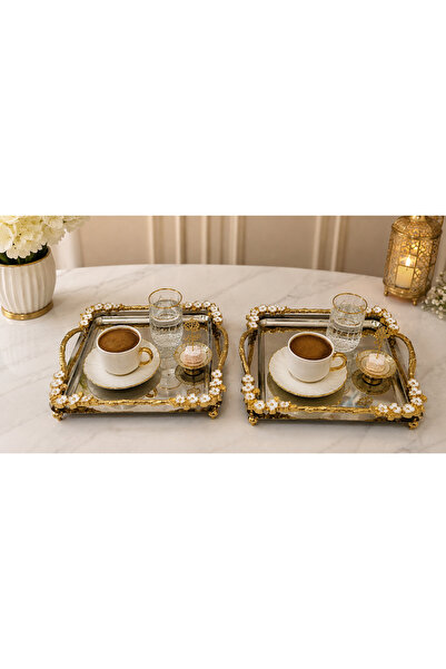 SUNVERA ÇELİK 22x22 cm Lüks Gold Beyaz Çiçek Çerçeveli Paslanmaz Çelik Kare S...