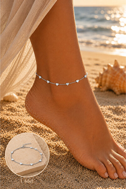 CAXBERN Heart Detailed Thin Sparkling Elegant Silver Chain Anklet