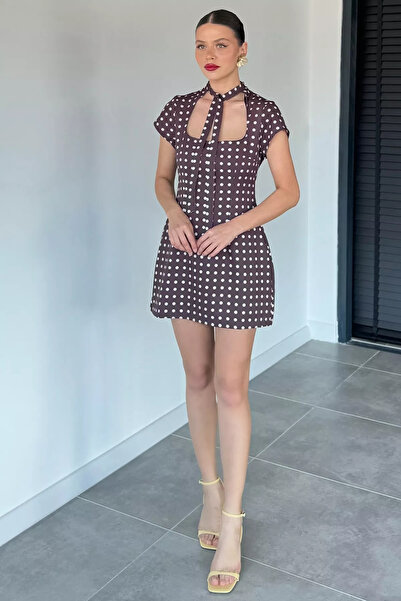 Aryena Brown Women's Square Neck Polka Dot Dress