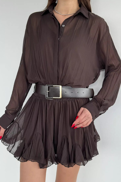Aryena Brown Women's Belted Blouse Combination Dress
