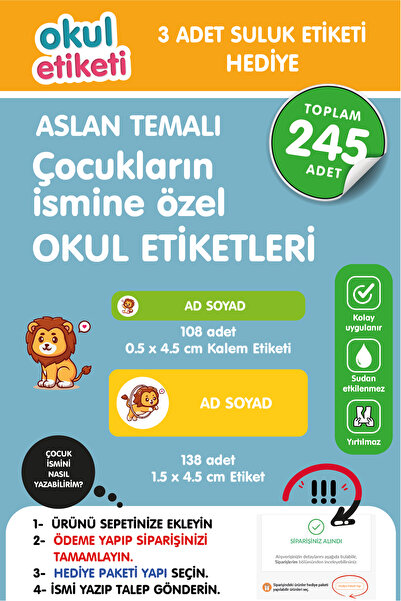 OKUL ETİKETİ BASKI OKUL ETİKETİ ASLAN TEMALI MİDİ PAKET İSME ÖZEL OKUL ETİKET...