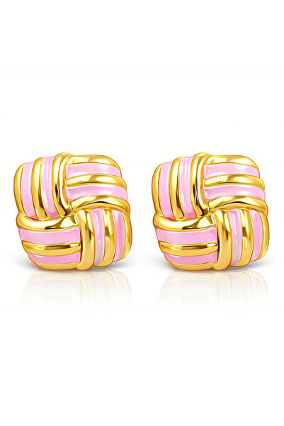 OEM Tweed gold earrings, made of stainless steel, with geometric, 18K gold pl...