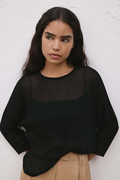 Rue Studio Transparan Örme Siyah Bluz