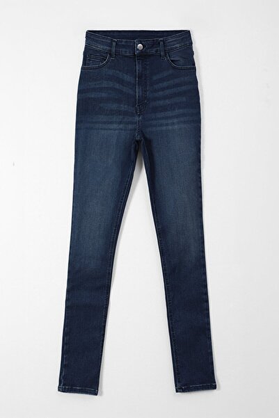 blue white Women's Dark Blue High Waist Slim Fit Lycra Jean Trousers