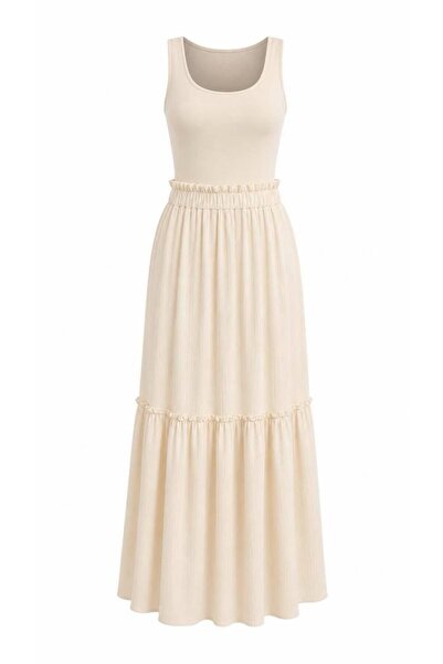Eight Fashion Women's Beige Elastic Waist Layered Long Viscose Maxi Skirt
