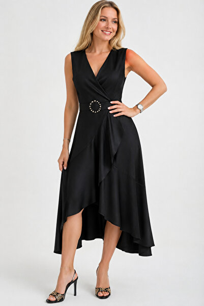 Sibel Günay Butik Black Shiny Satin Evening Dress |   Stone Buckle Belted Val...