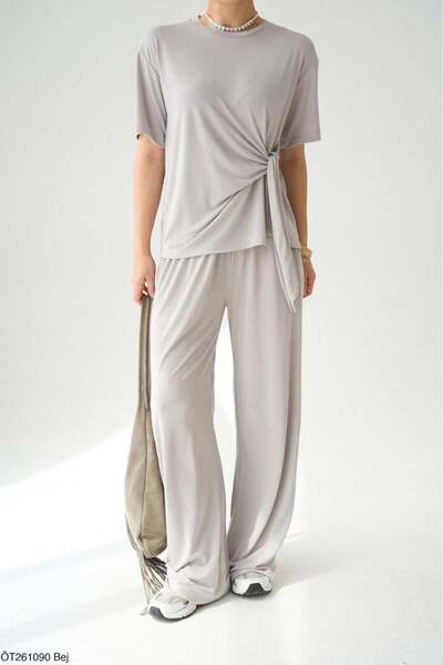 Qu Style Modal Suit with Front Tie Detail in Beige