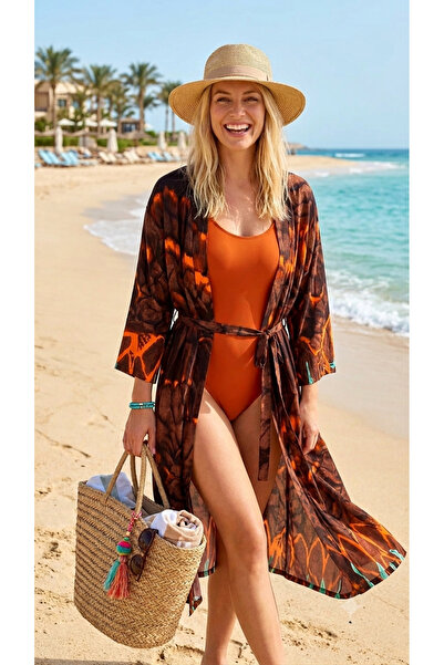 forte bella Trendy Ethnic Pattern Woven Viscose Belted Kimono