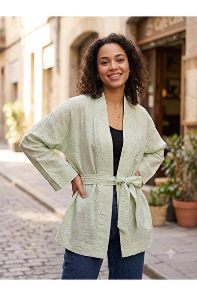 Olbia Women's Water Green Patterned Oversize Belted Short Kimono