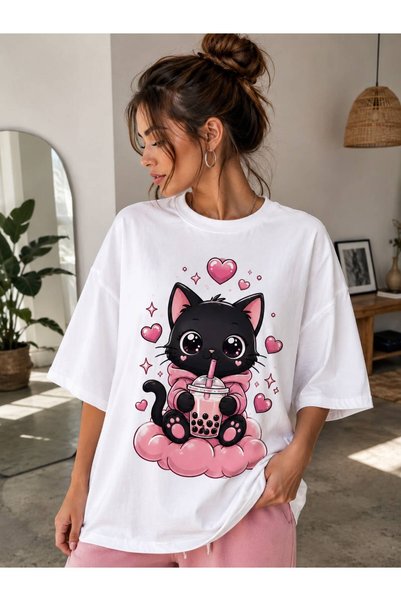 Vanteon تي شيرت نسائي أبيض كبير الحجم مطبوع عليه Kawaii Bubble Tea Cat