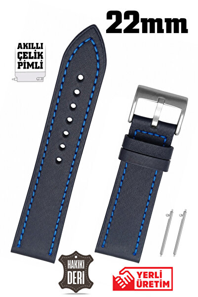 Saatse 22mm Navy Blue Stitched Sport Genuine Leather Watch Band Strap with Sm...