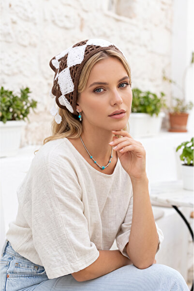 SAYZEN YOUR SHİNE Γυναικεία μπαντάνα με τετράγωνο σχέδιο, φούντες και δαντέλα