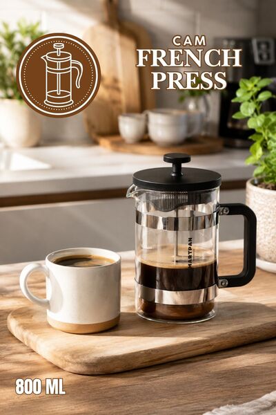 Porsima Smartpan BV008 French Press Paslanmaz Çelik Süzgeçli Cam Bitki Çayı D...