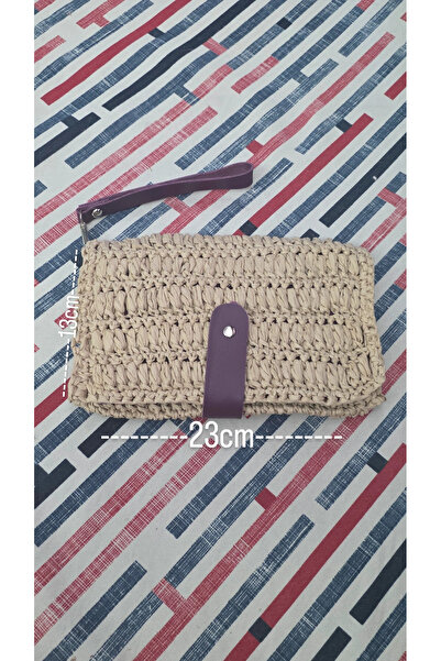 Zümrüdüanka Handmade Rafya ipinden saman rengi çıt çıt lı el cüzdanı