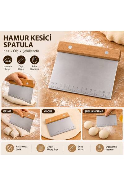 QesQin Flat Wooden Handle Stainless Steel Dough Cutter Spatula Pizza Dough Sc...