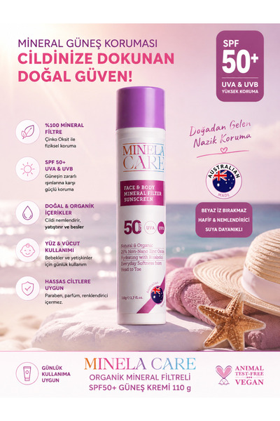 Minela Care Yüz ve Vücut İçin Organik Mineral Filtreli SPF 50+ Güneş Koruyucu...