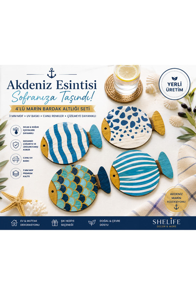 SHELİFE Mediterranean Marine Patterned Wooden Coasters Set of 4 |   3 mm Mdf ...