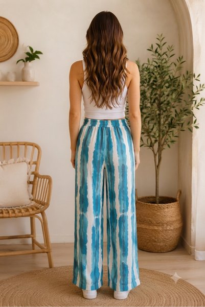 SevAte Handmade بنطلون نسائي من قماش البوليستر المخطط - تصميم مريح مع جيوب وأربطة - لون أزرق