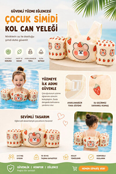 BigsToy ToyFlyer Çilek Ayıcık Desenli Kolluklu Çocuk Yüzme Yeleği – Gövde Des...